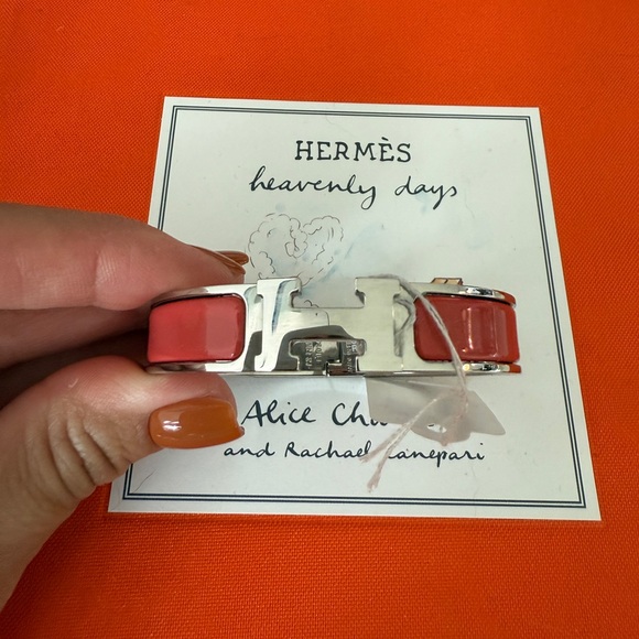 Hermes Clic H Clac Rouge Corail Coral Enamel Palladium Plated Bracelet PM New - Picture 3 of 13